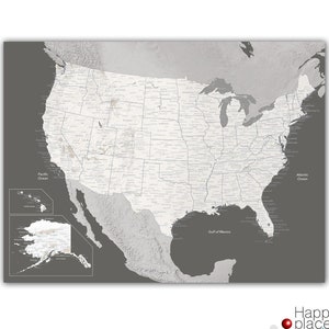 May include: A gray and white map of the United States with all the states labeled. The map includes Alaska and Hawaii. The map is on a gray background.
