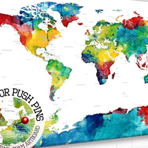 Colorful Detailed PushPin Map with Personalization included. Mounted Canvas or Framed Poster, Map of the world in bright Watercolor Pin map