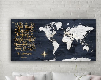 Best Things In Life World Adventure Map, Personalized Navy world map, Push pin Canvas Family Travel Map, Places We've Been, People We Love