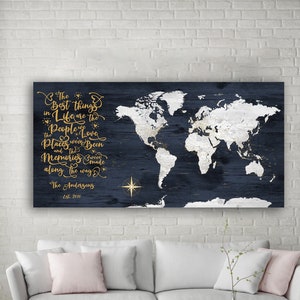 Best Things In Life World Adventure Map, Personalized Navy world map, Push pin Canvas Family Travel Map, Places We've Been, People We Love