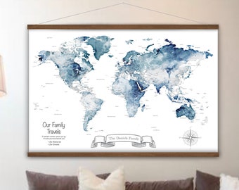 Navy and Gray World Canvas Map, Large Wall Map Art Print, Personalised Map of The World, Watercolor Map with city labels, Anniversary Map