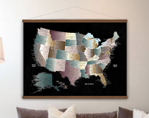 Dark Jewel Colored map of USA, US Map Hanging Canvas, Warm Neutral Print, Personalized Office Wall USA Map, Executive Living Room Wall Art.