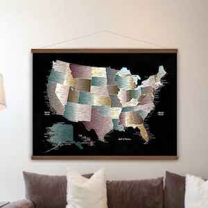 Dark Jewel Colored map of USA, US Map Hanging Canvas, Warm Neutral Print, Personalized Office Wall USA Map, Executive Living Room Wall Art.