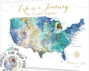 USA Travel Map for Push Pins, Wall Art Map of United States, Personalized with Names, Large US map, Framed, Poster. Canvas or Download Map