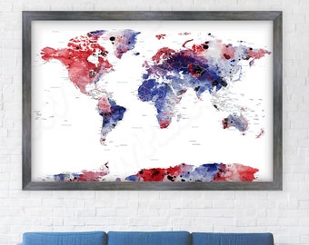 Teenage boy wall art, Teen bedroom, Masculine Print, World map for pins. Personalized Adventure Pinboard Map. Red White and Blue wall art