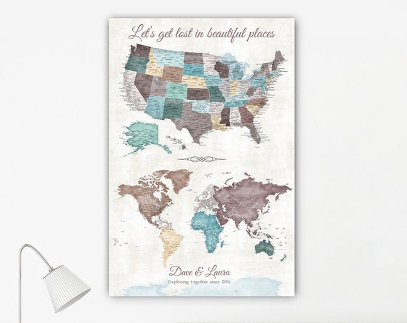 Set of Detailed Maps World and USA, Gift for Traveler with optional Personalized Text, Cream & Earthy Color, Large PIn Map, Canvas or Print