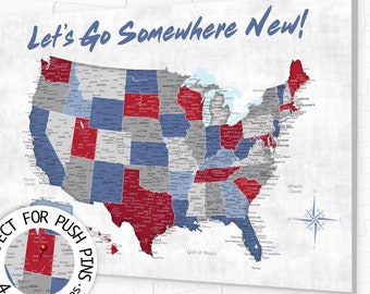 Map for New Adventures, USA Travel Map. Use Push Pins to Plan a Next Vacation with Different Color Pins. Add Personalized Legend for Free.