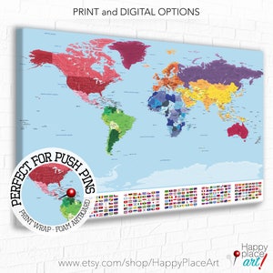 Detailed World map with city labels, Map with flags, World map print, Country Flags, Educational world map, Travel map, world map push pin