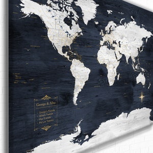 Anniversary Gift, World Map, Personalized Legend & Text, Navy and White world map wall art, Large World Map Canvas, Push Pin Map World Art
