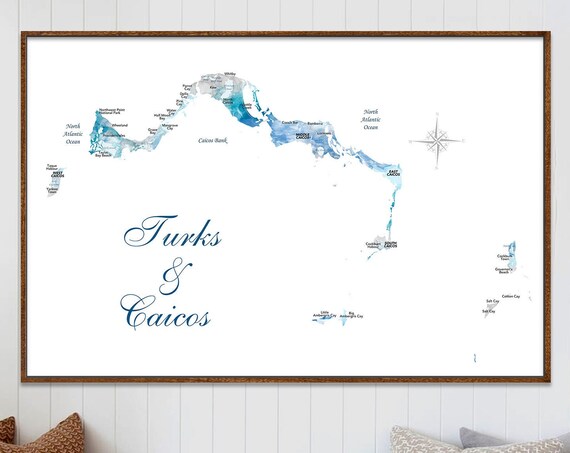 Turks and Caicos Islands Map, Push Pin Map of Caribbean Islands,Print, Canvas or Framed options, First Anniversary / Wedding Location Map