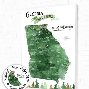 Georgia Map with State Parks and Hiking Trails, Push Pin Map of GA, Retirement Gift for Camper Wall Art, State of Georgia Map Canvas / Print