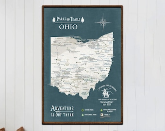 Ohio Adventure Map, State Parks, Forests & Hiking Trails, Gift for Husband, Personalized Ohio State Map, State Park List Canvas Push Pin Map