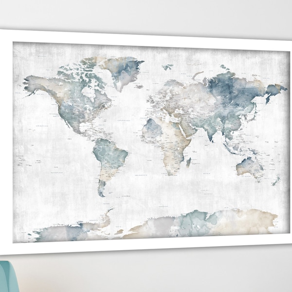 World Map Art, Vintage Distressed Neutral Color, Grayscale, Beige Cream Canvas World Map, Beach House Wall Art Frame Push Pin Travel Trips