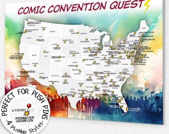 Gift for Comic Book Fans with List of Comic Conventions Locations in USA Map, Unique Gift for Fan of Cosplay Superheroes Science Fiction Art