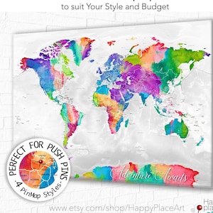 Adventure Awaits Map for Teenager, Active Family Map, Planning Travel Pin Map, Bright world map Canvas, Poster or Digital World map Download