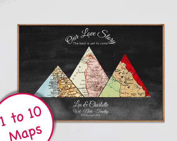 Framed Anniversary Adventure Print, Triangle Maps, Romantic Travel Gift, Vintage Map Print, Mountain print Wall Art, Map Gift for Husband