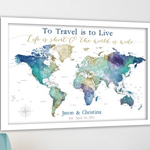 Gift for Wife, Framed World Map Push Pin Travel Map with Names & Date, Canvas Wall Map with Personalized Travel Print, Family Adventure Map