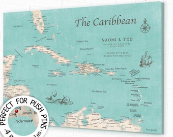 Personalized  Push Pin Map of Caribbean with Frame or Ready to hang Canvas Pin Map, Island Sailing Adventures, Caribbean Cruise Island Map