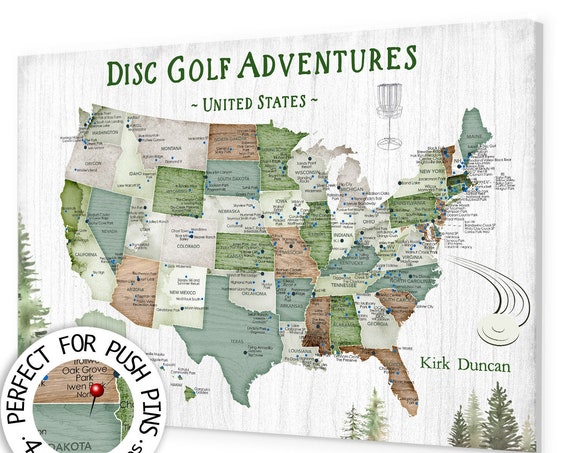 Disc Golf Push Pin Map, USA Best Courses each State in USA, DiscGolf Player Gift, Personalized United States DiscGolfing Locations Pin Map