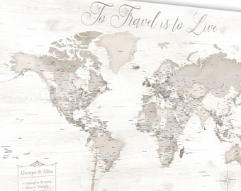 Anniversary Gift for Wife, Romantic Travel Map Wall Art. Personalized with ANY words and map legend. World Map with USA states extra detail
