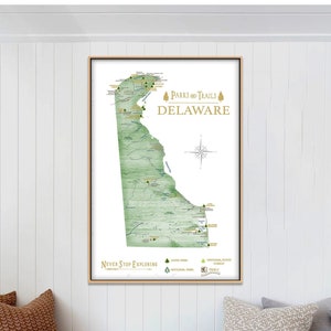 Hiking in State Parks, Delaware Adventure Map, State Parks Print & Mountain Hike Trails, Hiking Gift, Personalized Delaware State Map Poster Bild 1