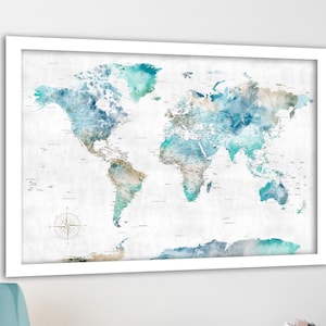 Travel map for Push Pins, World Pin Map, Foamboard for pins, Print, Canvas Map, Personalization, Aqua Blue Map, Gift for Wife Travel Quote