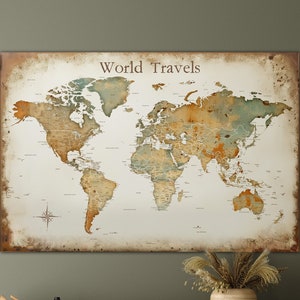 Extra Large Neutral Color Vintage Style Modern World Wall Map, Mounted Foamboard Push Pin Map, Dorm Poster World Travels Map Gift for Him,