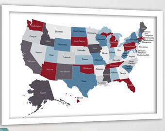 USA Map with States labelled & Marked US map in Red, White, Blue, Educational USA Map, Push pin map idea, Travel Pin, Road Trip Map Pinning
