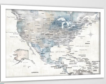 Push Pin Map of Map of United States and Caribbean, Map USA, Bermuda & States of America, Travel map for Parents Anniversary, Canvas Pin Map