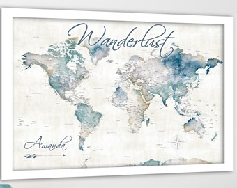 Wanderlust World Map for Single Traveler or Family World Map, Add Own Personalized Map Title, Gift for Homecoming, Boyfriend Gift, Pin map