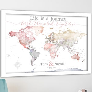 Anniversary World Map. Push Pin map Detailed USA states and cities. Romantic Travel Map with Names and Date, Framed world map Gift for wife image 1