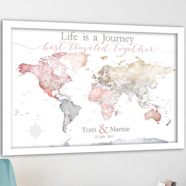 Anniversary World Map. Push Pin map Detailed USA states and cities. Romantic Travel Map with Names and Date, Framed world map Gift for wife