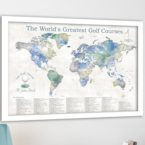 Top Golf Courses World Map. Push Pin Golf Quest Map, Mark Golfing Travels, Personalization for Golfers, Large Print, Retirement Golf Gift