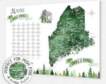 Maine State Park Map Gift, Maine Hiking Map, State Park Checklist for Maine, ME State print, New England Hiking Trails Push Pin Map Board