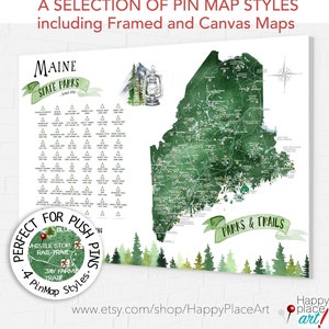 Maine State Park Map Gift, Maine Hiking Map, State Park Checklist for Maine, ME State print, New England Hiking Trails Push Pin Map Board