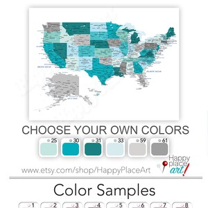 Large USA Map, Aqua and Gray Map, Detailed USA map, Educational United States Map, Cities and States labelled, Push Pin Travel map of USA.