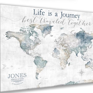 Life is a Journey Best Traveled Together, World Map for Adventure Push Pin Map Legend, Watercolor Map Print, Canvas, Anniversary Pin Map image 1