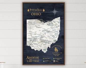 State of Ohio Map, Navy Map State Parks List, Hiking Trail Gift for Boyfriend, Push Pin Ohio State Print, Personalized Hiking Canvas Gift