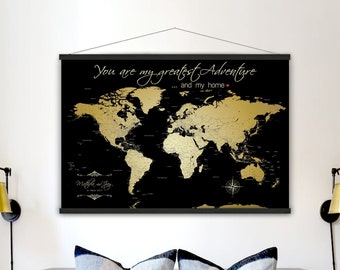 Gold World Canvas Map, Map Large size, Art Map Print, Canvas Map of The World, County and city labels, Anniversary Map, Happy Place Art Map