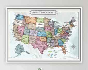 Beautiful USA Wall Map Canvas or Print, Detailed United States Push Pin Map, Vintage Style Travel Wall Art Executive Office, Gift Mom Poster