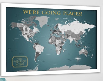 Teal and Gold Neutral World Map with detailed cities, Family Travel Map Personalized Wording World Map Foam Mounted for Push Pins or Poster