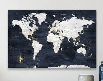 World Map with US States in Navy and Gold. 24x36" Poster Size. Archival Heavyweight Fine Art Paper. Ships out quickly.