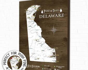 Delaware Adventure Map, State Parks & Hike Trails, Gift for Husband, Personalized Delaware State Map, State Park List Canvas Push Pin Map