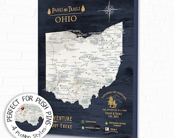 Push Pin Map of State of Ohio Map, Personalized Map with Ohio State Parks USA List, Hiking Trail Canvas Gift for Girlfriend, USA Parks Map