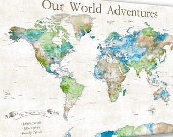 Family Adventure map, Personalized World Map Print, Push pin map of the world, Or Map of the World Canvas. Custom Key Legend Family Travels