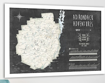 Push Pin Map Adirondack Mountain High Peaks Map, High Peaks Park Poster, or Canvas, ADK Park, 46er Mountain Print, New York Farmhouse Decor