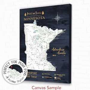Push Pin Map of Walking Trails Minnesota Map, Personalized Map with Minnesota State Parks USA List, Hiking Trail Canvas Gift for Girlfriend,