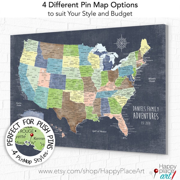 Personalized USA Push Pin Map for Family Travels
