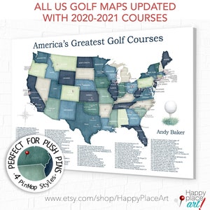 Top 100 Golf Courses Map of USA, Gift for Dad, Personalized Golf-themed Canvas Print or Push Pin Map. Golfing Bucket List Map.