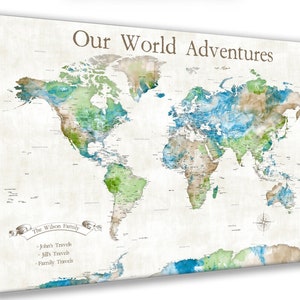 Family Adventure map, Personalized World Map Print, Push pin map of the world, Or Map of the World Canvas. Custom Key Legend Family Travels